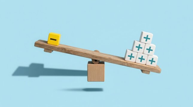 Wooden seesaw scale with white plus blocks outweighing yellow minus block on blue background
