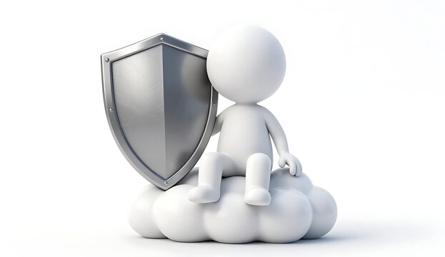 3D minimal white character sitting on a cloud holding a metallic security shield, cloud computing protection and data privacy concept, isolated on a white background