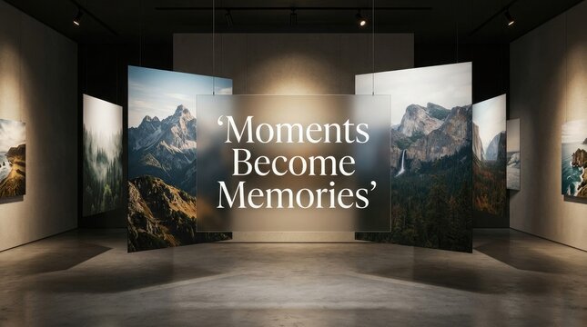 An elegant art gallery exhibition display celebrating world photography day featuring large landscape prints with the inspirational text moments become memories displayed