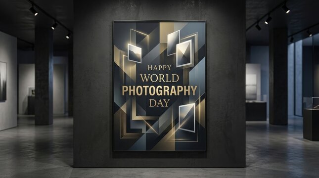 A large promotional poster for world photography day displayed on a dark wall inside a modern art gallery exhibition space interior