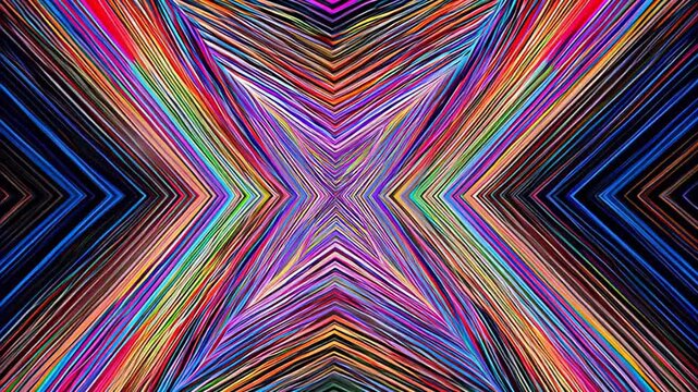 Fast forward movement through a vibrant neon tunnel with intersecting glowing lines in purple, pink and blue, creating a futuristic sense of speed and energy. Concept of cyber journey and digital moti
