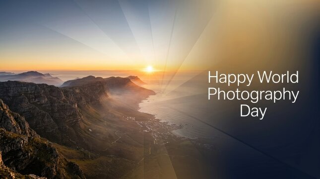 Breathtaking aerial view of a coastal mountain landscape at sunset celebrating world photography day with artistic lighting and scenic natural beauty