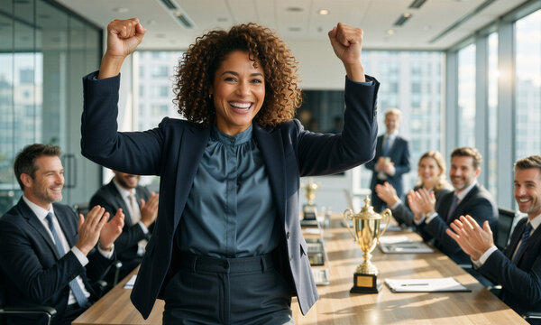 Confident African woman in navy blazer celebrates win in modern office with colleagues, flailing arms in triumph.