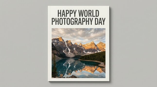 A beautiful poster design celebrating world photography day featuring a stunning mountain landscape reflection on a calm lake surface background image
