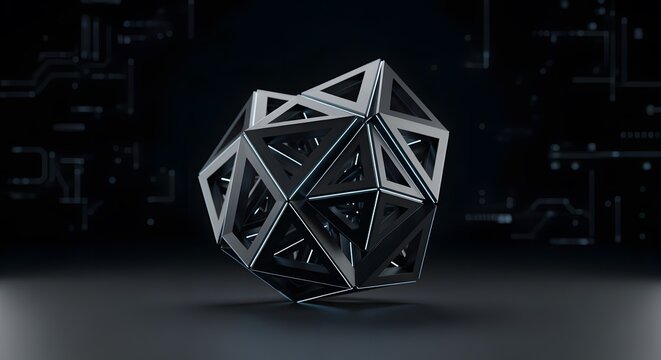 Futuristic Geometric Metal Polyhedron Floating in Dark Tech Environment