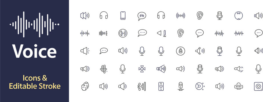 Voice, outline icon collection with microphone, sound wave, speech bubble, audio, recording and voice recognition symbols, editable vector set.
