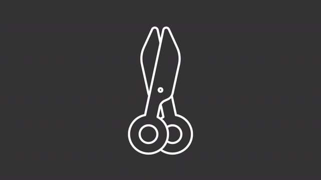 Animated sharp moving scissors white line icon. Cutting tool animation. Office supplies. Geometric ring handles. Isolated element on dark background. Alpha transparent video