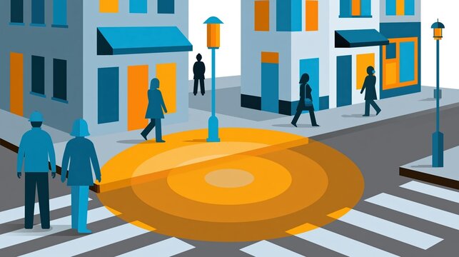 City block with highlighted safe zone and abstract responders near minor hazard