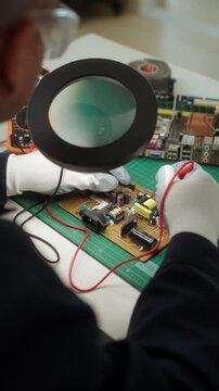 Close-up technician repairing a printed circuit board in a modern repair lab. PCB diagnostics, soldering electronic maintenance, right to repair. Sustainable technology and skilled technician.
