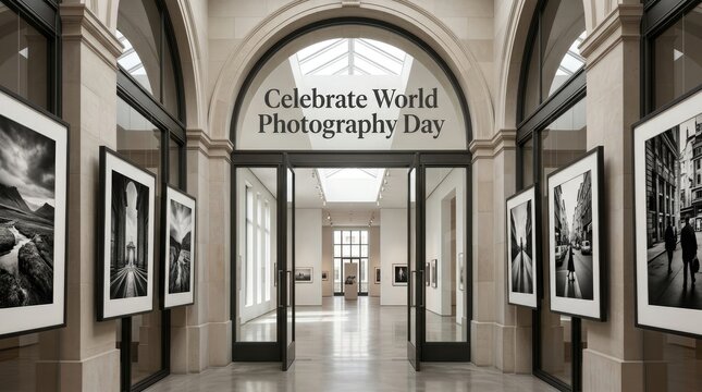 An elegant art gallery hallway featuring framed black and white photographs displayed for visitors during a special world photography day event