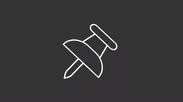 Animated minimalist push pin white line icon. Shaking sharp metal needle tip animation. Office supply. Isolated element on dark background. Alpha transparent video