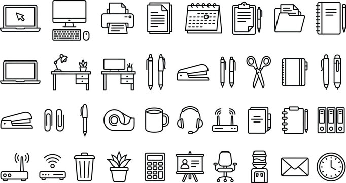 Office equipment and stationery line icon set with stationery
