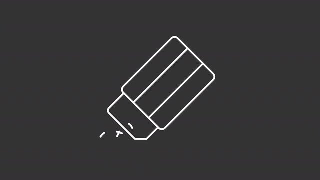 Animated shaking angled block eraser white line icon. Moving pencil eraser crumbs animation. School supply tool. Isolated element on dark background. Alpha transparent video