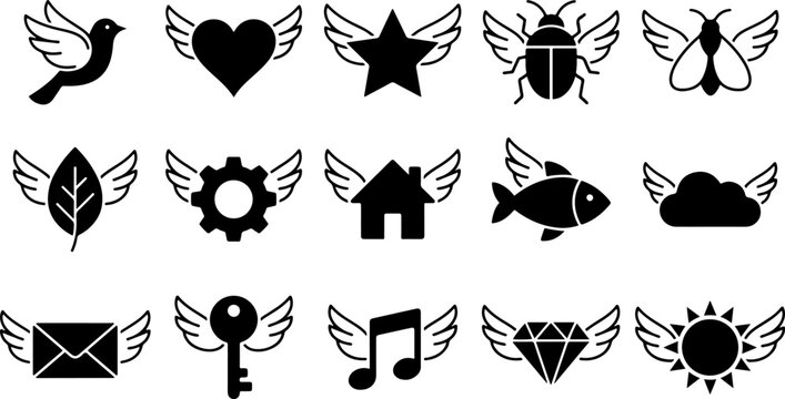Set of black silhouette icons representing miscellaneous objects adorned with wings, butterfly