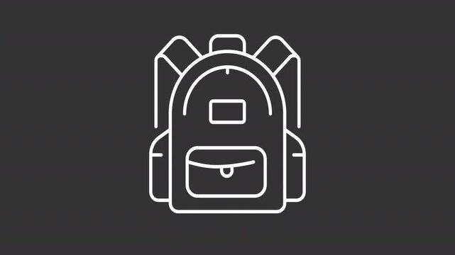 Animated shaking backpack white line icon. Travel bag animation. Moving zip line. Frontal product perspective. Adventure equipment. Isolated element on dark background. Alpha transparent video