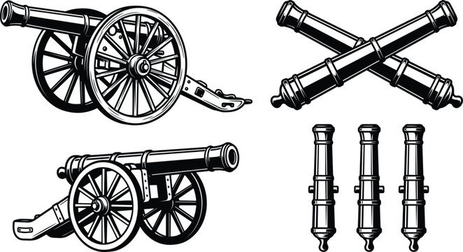 Vintage artillery cannon collection in detailed woodcut style with crossed barrels for antique military emblem graphic vector illustration