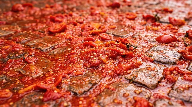 Crushed tomato pulp covering cobblestone street after La Tomatina festival in Spain. Messy aftermath of traditional vegetable fight. Famous annual food celebration and street party event.