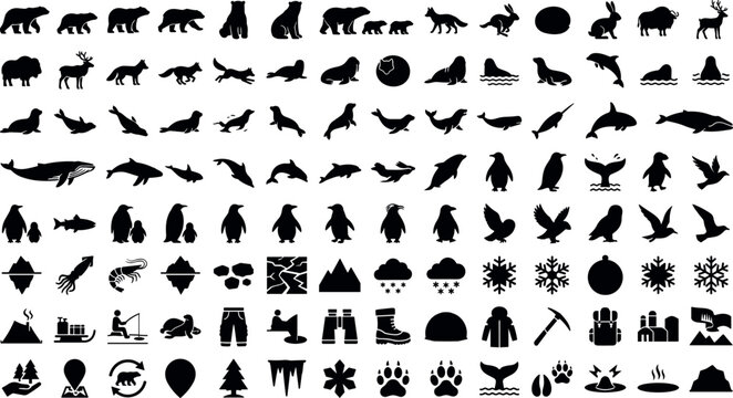 Arctic and Antarctic wildlife animals collection featuring polar bears, seals, whales, penguins, snowflakes, icebergs, and winter expedition equipment silhouette icons vector