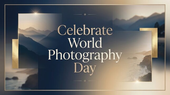 Elegant background design featuring a beautiful mountain landscape to celebrate world photography day with artistic typography and a sophisticated golden frame