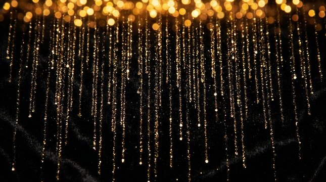 Golden shimmering rain particles cascading down against deep black velvet background texture surface