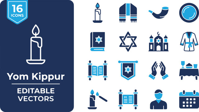 Yom Kippur Jewish Holiday Icon Set Featuring Religious Symbols and Traditions for Fasting and Prayer
