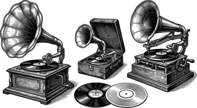 Vintage gramophone collection with retro vinyl records set for antique music audio player equipment and nostalgic engraving illustration design