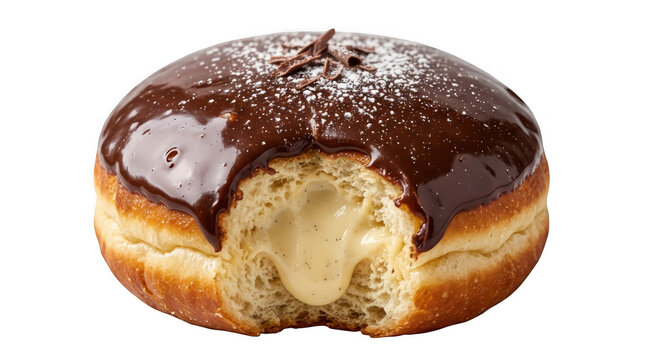 A single delicious round chocolate glazed donut with a sweet cream filling and a bite taken out on a clean backdrop isolated on transparent background