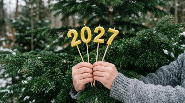 Person holding golden number candles representing the year 2027 in front of evergreen pine tree