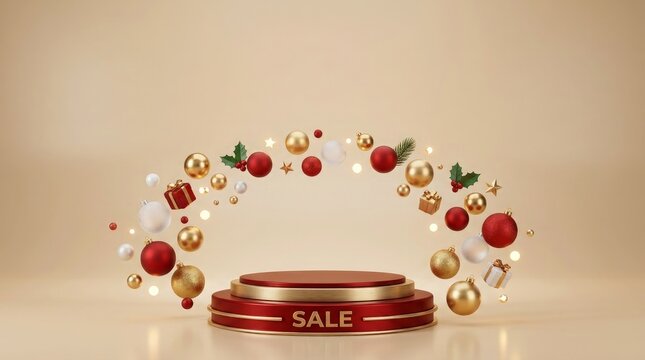 Festive holiday sale podium with floating ornaments with text surrounded floating gold tiered podium