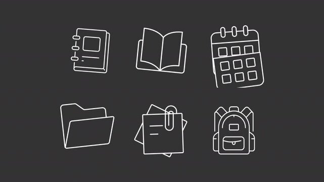 Animated educational supplies white line icons. Office stationery animation set. Open book with blank pages. Daily calendar with notebook. Isolated elements on dark background. Alpha channel HD video