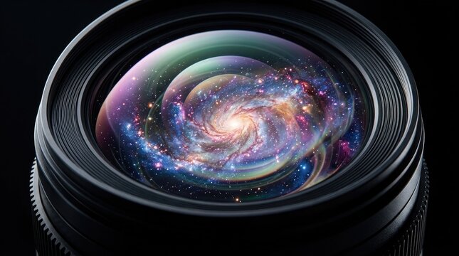 A creative conceptual image of a camera lens reflecting a vibrant galaxy to celebrate the spirit of world photography day today