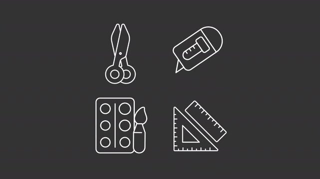 Animated art equipment white line icons. Craft tools animation set. Scissors and utility knife. Paint palette with brush. Isolated elements on dark background. Alpha channel HD video