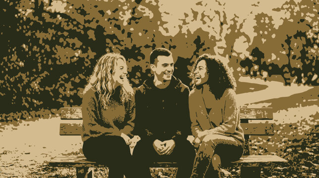 Three friends laughing and talking while sitting on a park bench in autumn with sepia tone effect