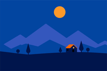 Minimalist Flat Landscape Illustration of House in Mountains Under Full Moon at Night © metakritik