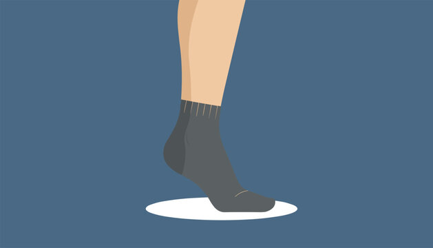 Side view illustration of a person's lower leg wearing a grey athletic compression sock against a dark blue background.