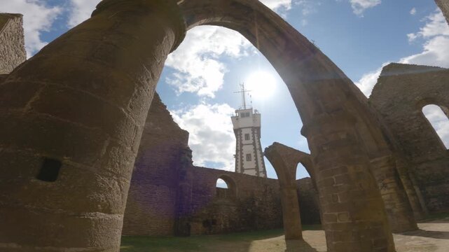 Saint Mathieu lighthouse and abbey. Saint-Mathieu Lighthouse, Pointe Saint-Mathieu in Plougonvelin, Finistere, France. Lok Maze in Breton. located near Le Conquet flanked by 20m high cliffs.