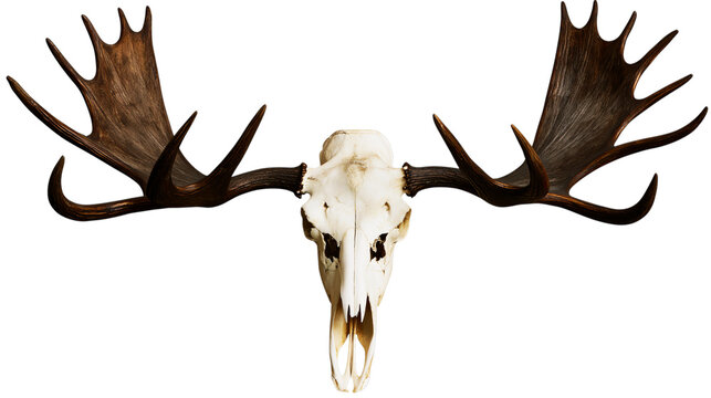 Detailed image of a moose skull with impressive antlers, isolated on a transparent background, showcasing wildlife and natural history elements
