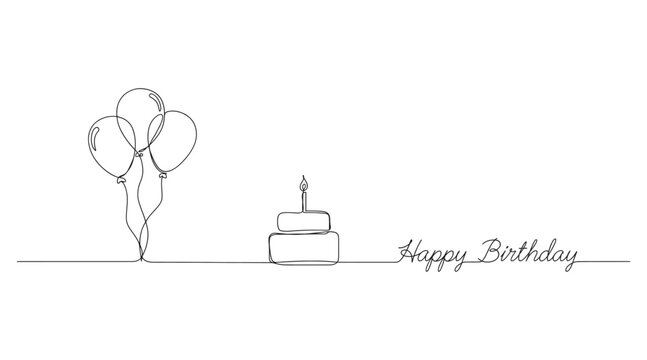 Happy birthday continuous one line drawing illustration with cake and balloons birthday illustration