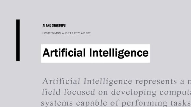 Artificial Intelligence news headlines with changing article layouts, typography, and editorial text. AI technology media background animation for business and digital content.