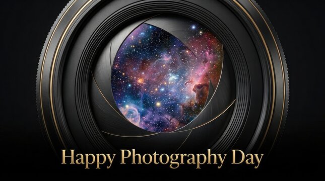 A creative conceptual design celebrating world photography day featuring a vintage camera lens reflecting a colorful deep space galaxy nebula background