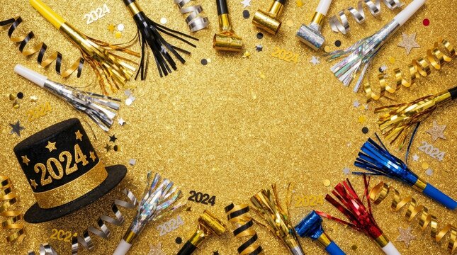 Golden glitter background with party hats confetti with party accessories with displays festive golden