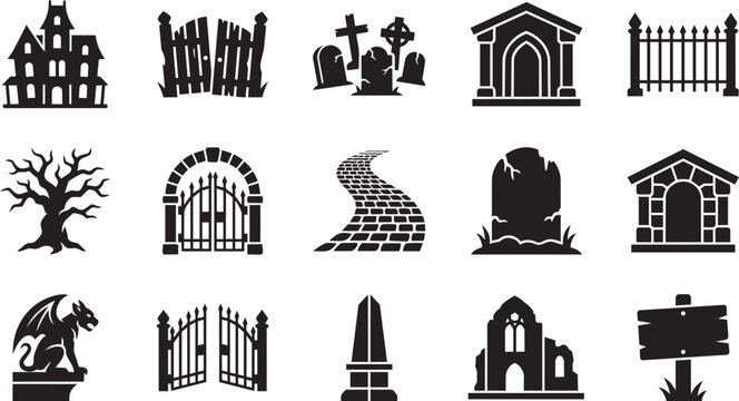 Halloween Cemetery Silhouette Icon Set, Spooky Haunted House Gates Tombstones and Crypt Vector Elements