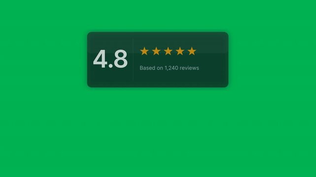 An animated rating widget showing four point eight score with five stars on a solid chroma key