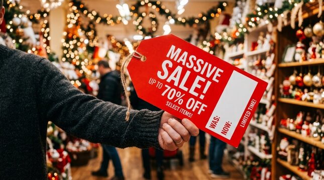 Person holding large red sale tag inside festive holiday shop during seasonal discount event