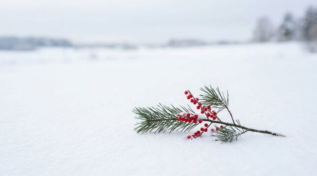 Winter pine branch with red berries lying on snow with berries resting white winterland with landscape