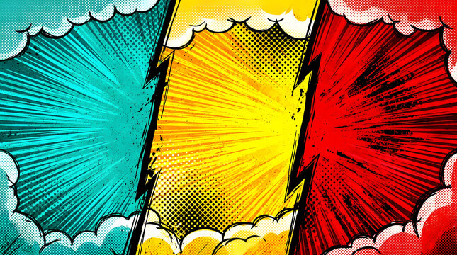Comic book halftone background with colorful radial rays and cloud frame accents pop art background halftone illustration abstract backdrop superhero template explosion dramatic spotlight