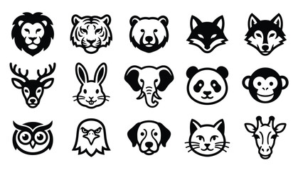 Fototapeta premium Set of black and white animal head icons featuring various wild and domestic animal species in vector style