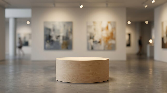 Wooden cylinder podium in modern art gallery or museum space
