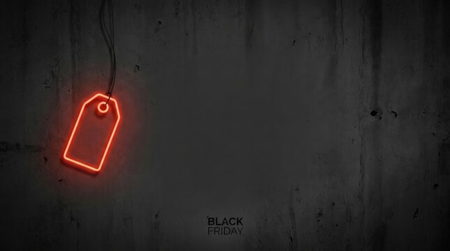 Glowing neon price tag hanging against dark concrete wall background with hanging black wire