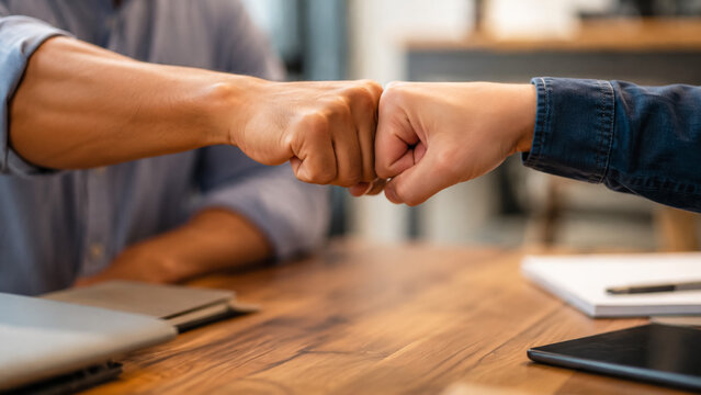 Business people fist bumping in office. Colleagues celebrating success with a greeting.